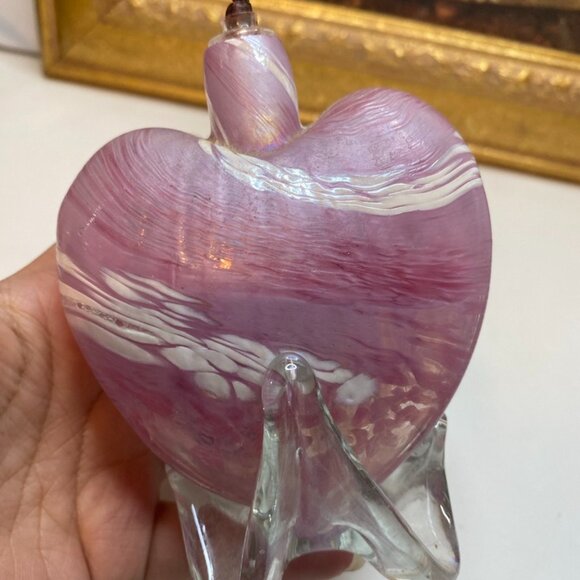 Mount St. Helens Ash Art Glass Footed Pink Heart Shape Oil Lamp Used Signed - Picture 5 of 12